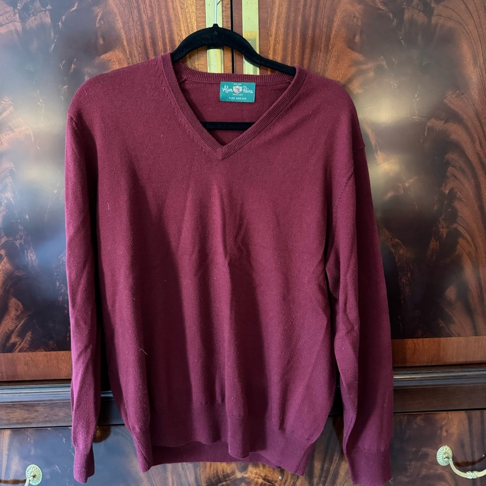 Alan Paine Merino Wool V-Neck Sweater Burgundy Large Made in England